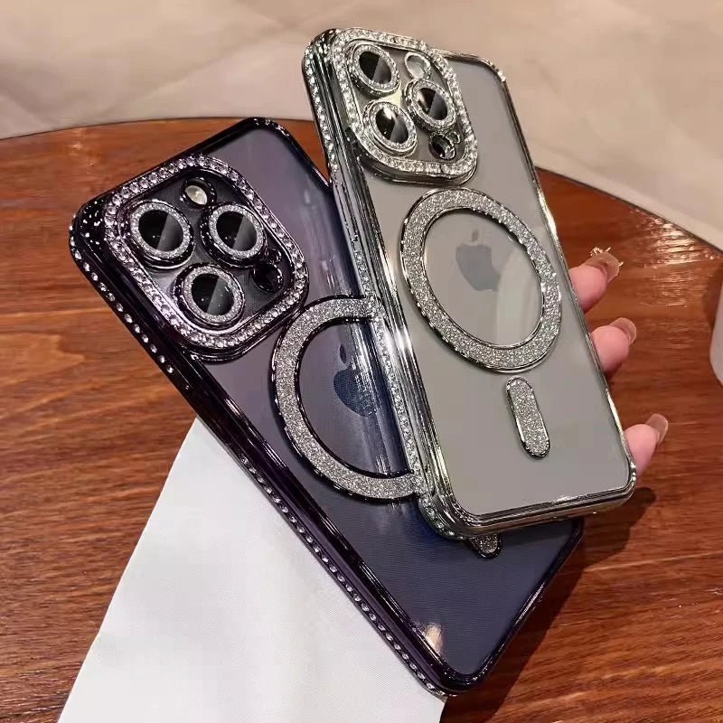 Luxury Glitter Diamond Clear Phone Case For iPhone 15 11 12 13 14 Pro Max Magsafe Magnetic iphone Case Wireless Charging Cover