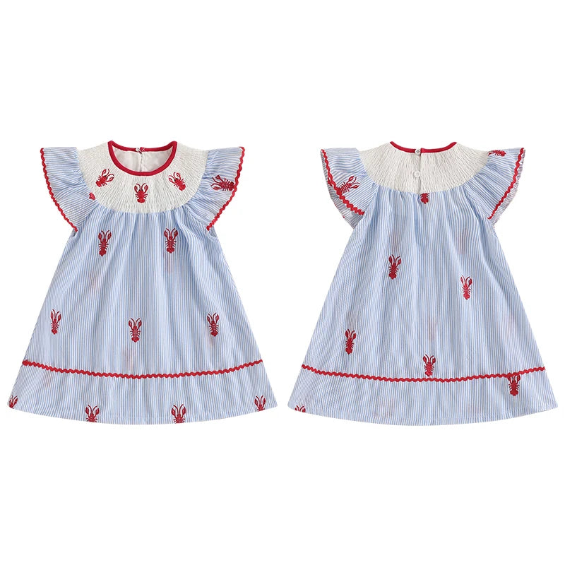 1-5Y Toddler Baby Girl Crawfish Smocked Ruffle Short Sleeve Dress Lobster Plaid Princess Dresses Summer Outfits