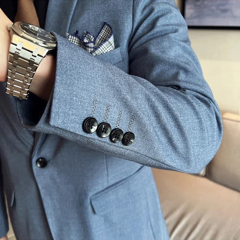 ( Blazer + Pants ) High End Brand Plaid Men's Casual Formal Office Business Suit Groom Wedding Dress Slim Suit Jacket Trousers