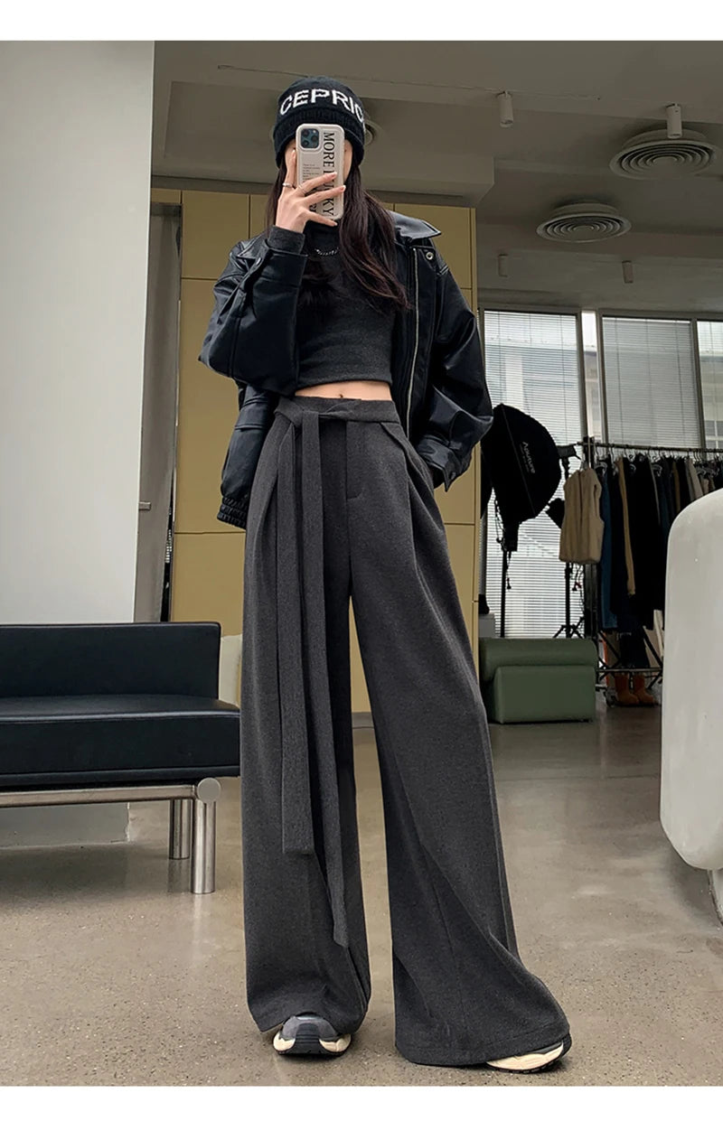 MEXZT Woolen Wide Leg Pants Women Fashion Lace Up Black Baggy Suit Pants Winter Streetwear Korean Casual Straight Trousers New