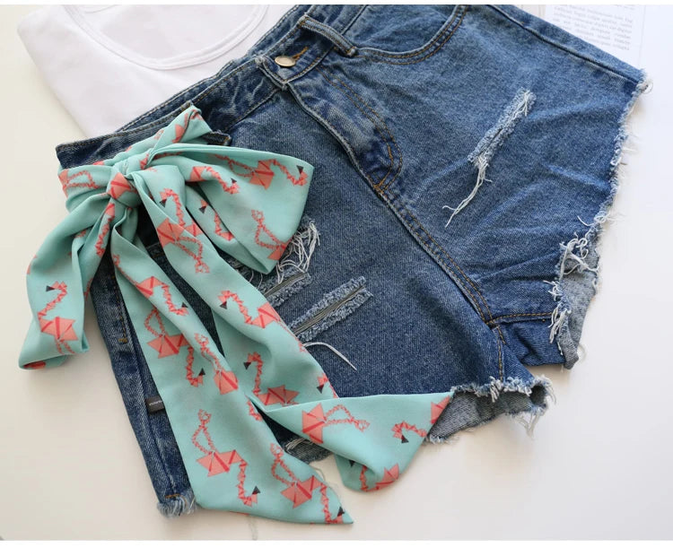 Summer Women Imitation Silk Dress Belt Variety Cute Double Printing Women Neckerchiefs Travel Bag Hats Ribbons Ladies Scarves