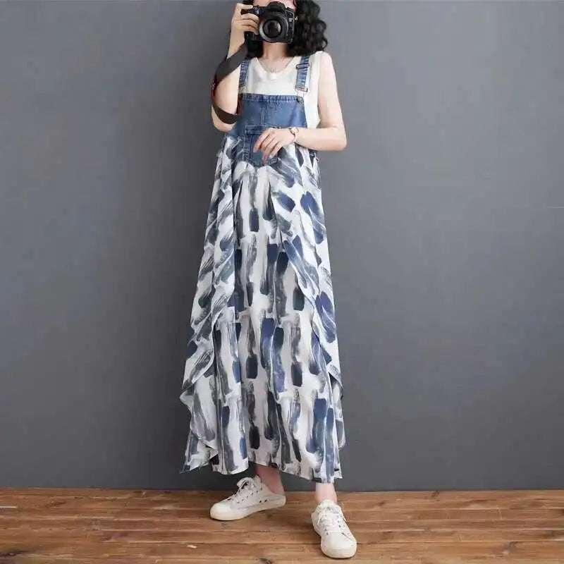 [EWQ] Sweet Women's Denim Dress Patchwork Contrasting Print Design Big Zise Casual Clothing Beautiful Sing Dresses 16O1075