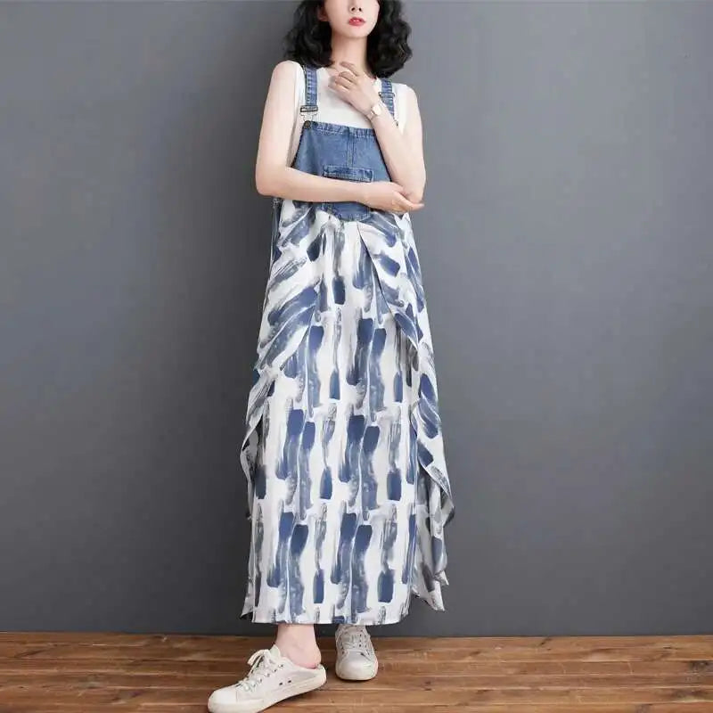 [EWQ] Sweet Women's Denim Dress Patchwork Contrasting Print Design Big Zise Casual Clothing Beautiful Sing Dresses 16O1075