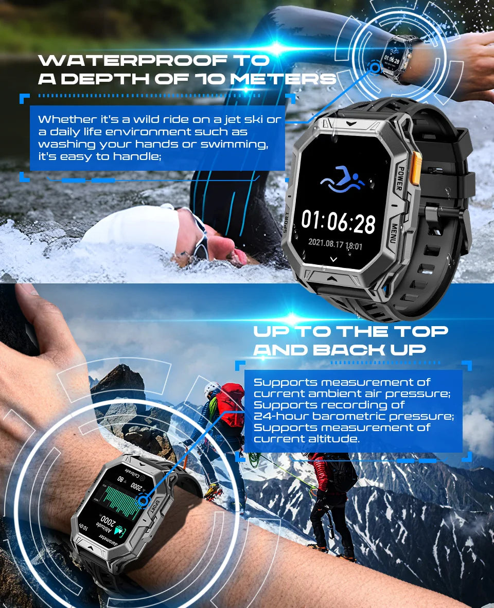 Men's Rugged Smart Watch 2.13" AMOLED HD Touch Screen Heart Rate Monitor 10M Waterproof 1000mAh Compass Outdoor Sports Watch