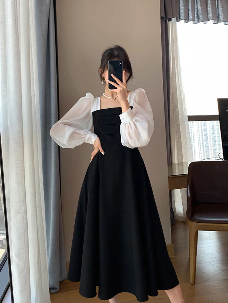 Korean Black Dress Women Elegant Fashion Summer Office Ladies High Waist Dress Chiffon Patchwork Square Collar A Line Vestidos
