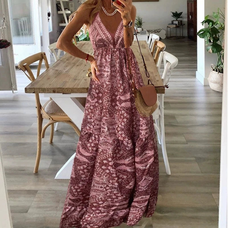 Bohemian Style Women's Clothing Long Dress New  Suspender Long Dress High Waist V-neck Printed Floral Dress Women's Clothing