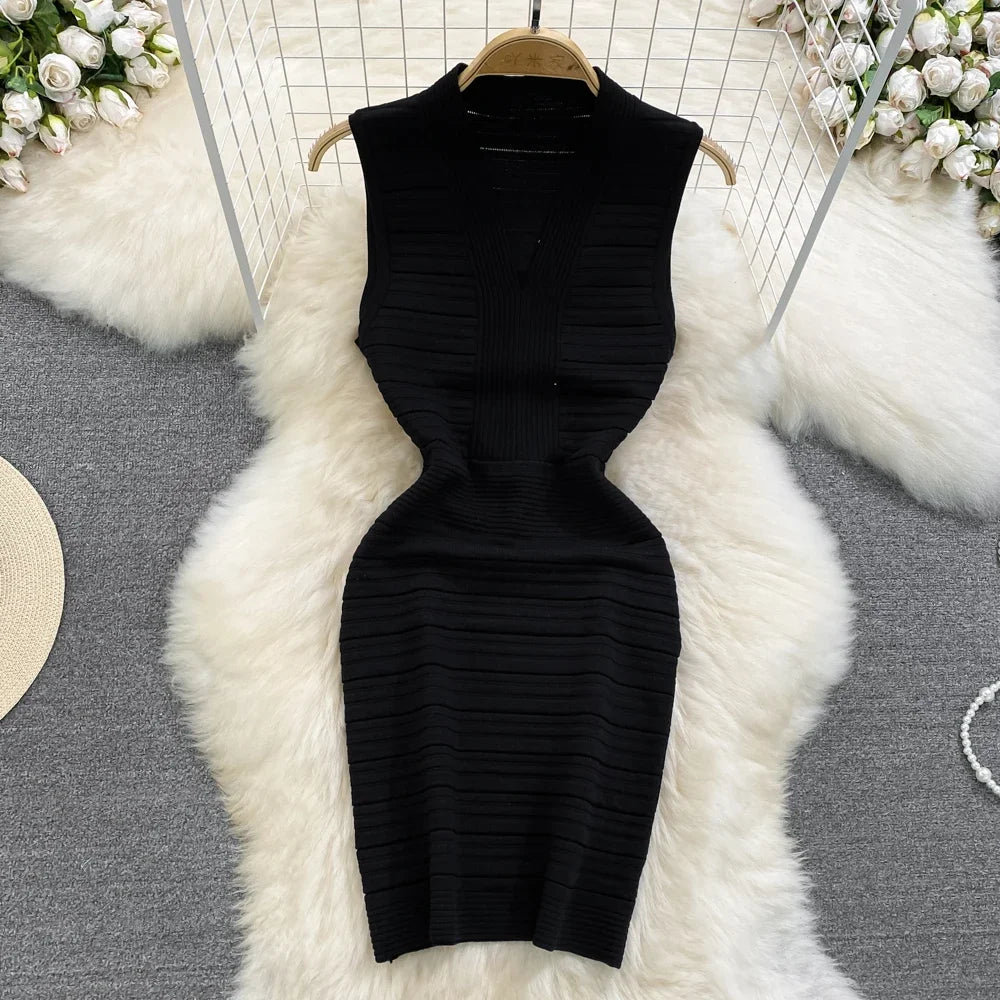 White/Black Sexy Summer Knit Strap Dress Women Tank V Neck Elatic Waist Bodycon Sundress Female Beach  Midi Dress