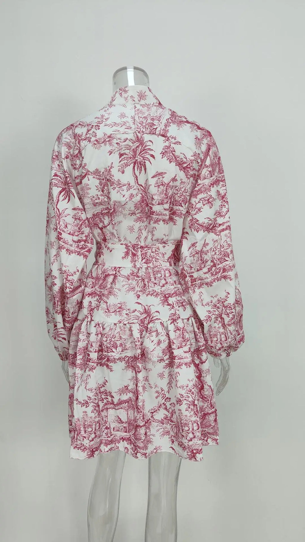 Vintage Printed Lace-Up Shirt Dress For Women Spring Summer Fashion Ruffled Pleated Long Sleeve High Street Women's Mini Dresses