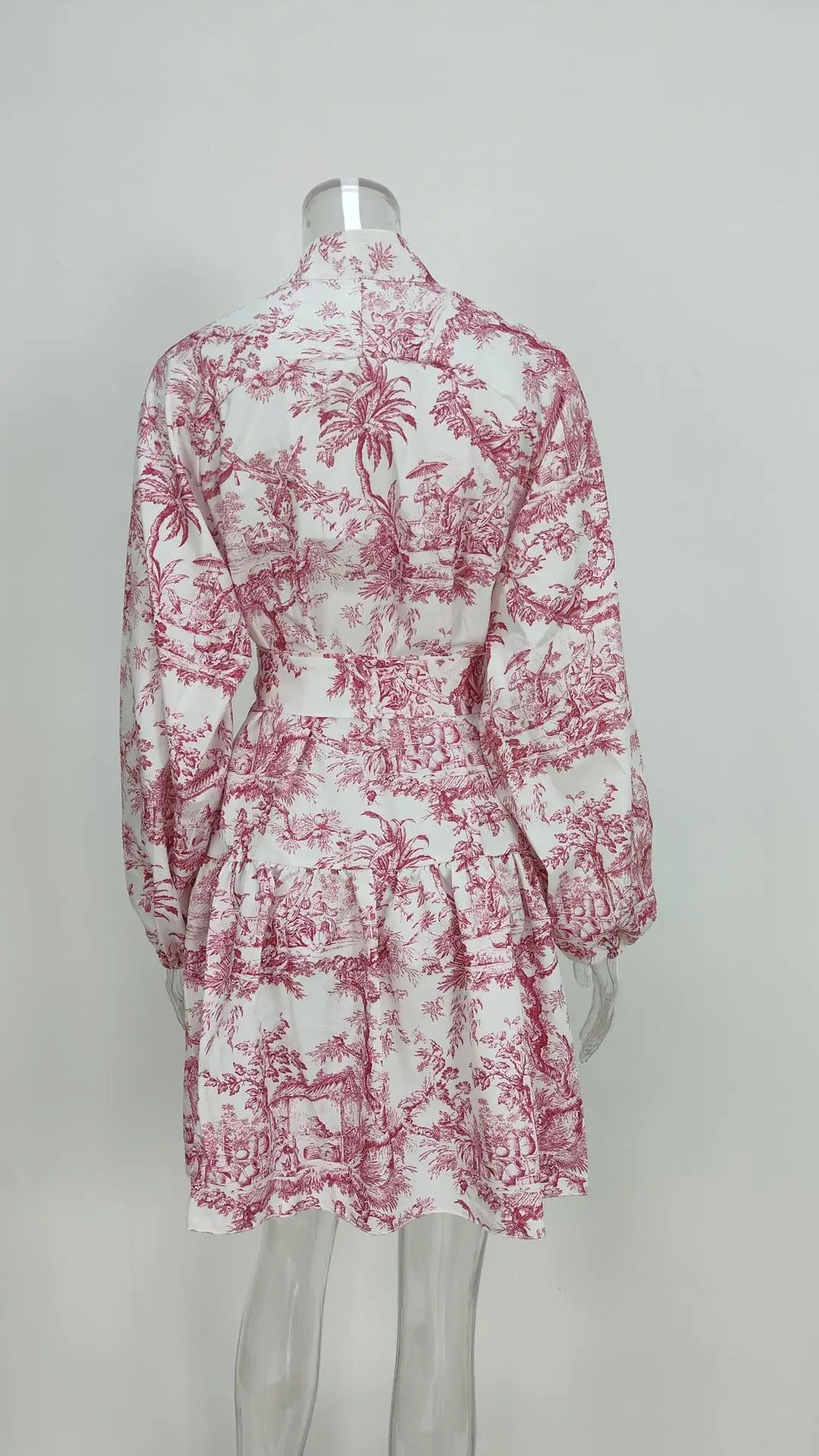 Vintage Printed Lace-Up Shirt Dress For Women Spring Summer Fashion Ruffled Pleated Long Sleeve High Street Women's Mini Dresses