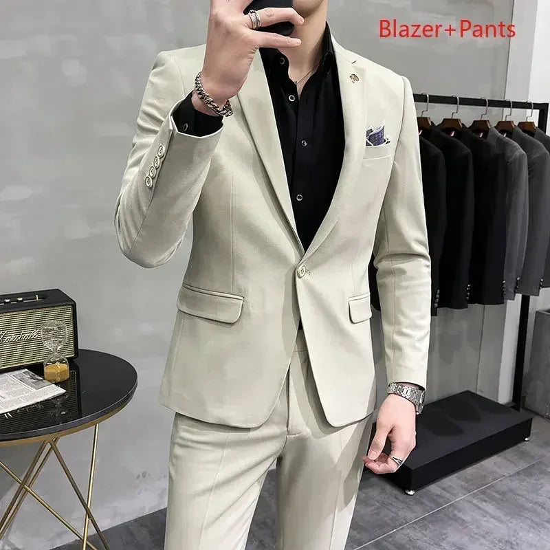 ( Blazer + Pants ) High End Brand Plaid Men's Casual Formal Office Business Suit Groom Wedding Dress Slim Suit Jacket Trousers