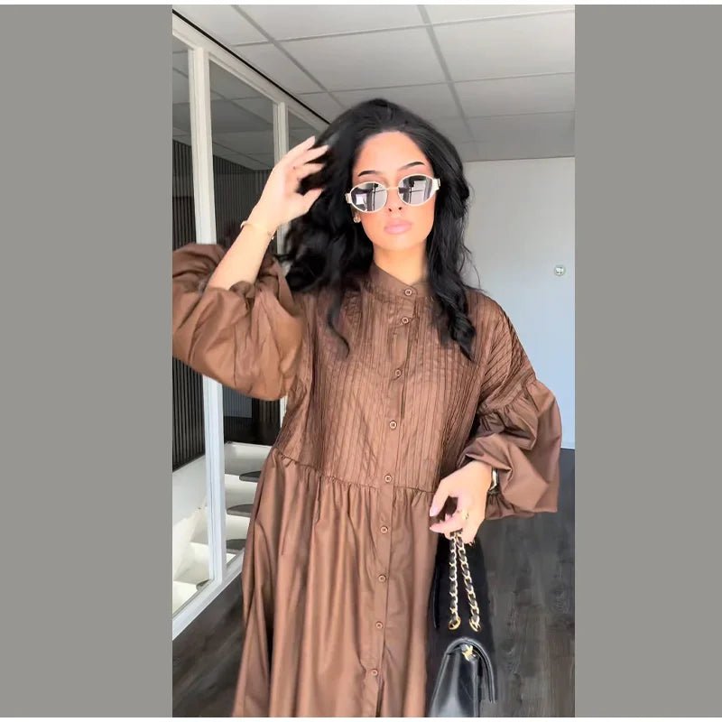 Loose Single Breasted Pleated Long Dress Women Elegant O-neck Lantern Sleeve A-line Party Dresses 2025 Summer Lady Casual Robes
