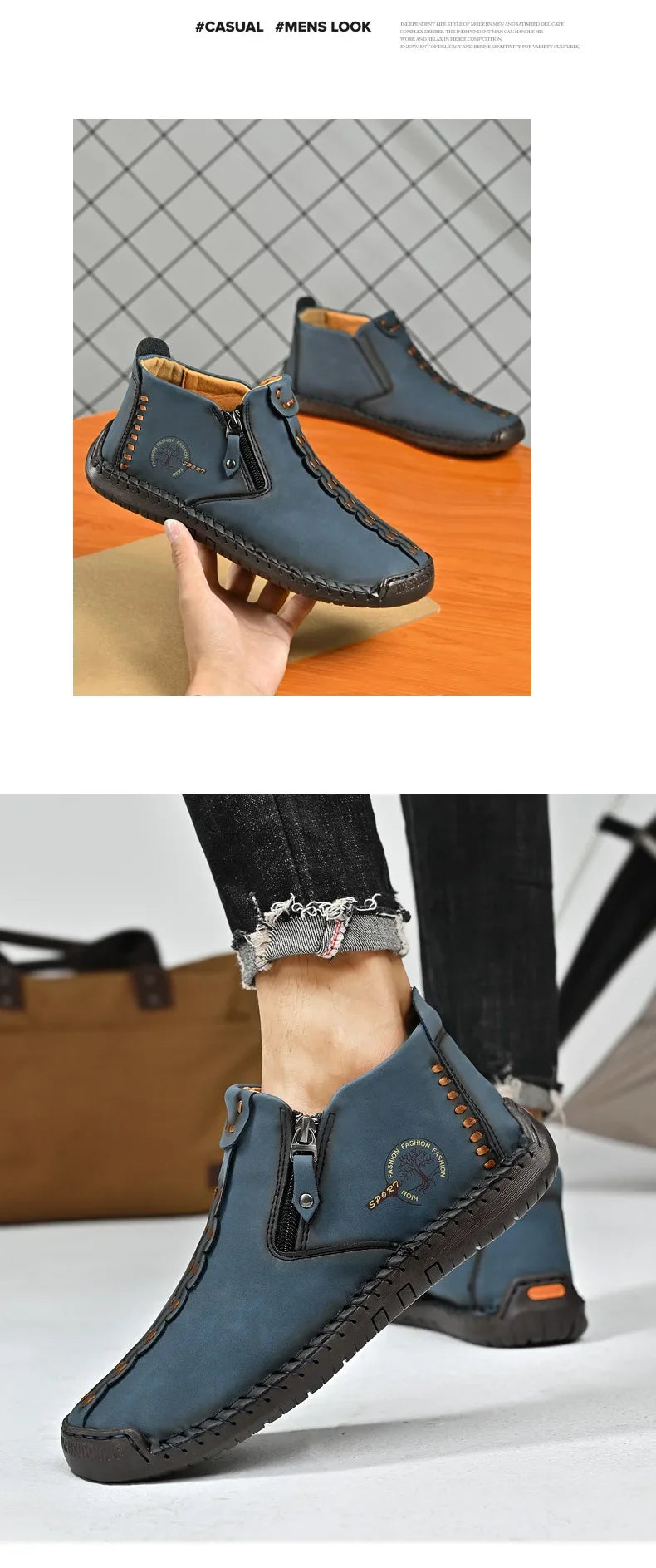 Men Boots Handmade Casual Ankle Boats for Man Male Hombres Walking Shoe Breathable Hombres Leather Wide Upright Zipper Shoes