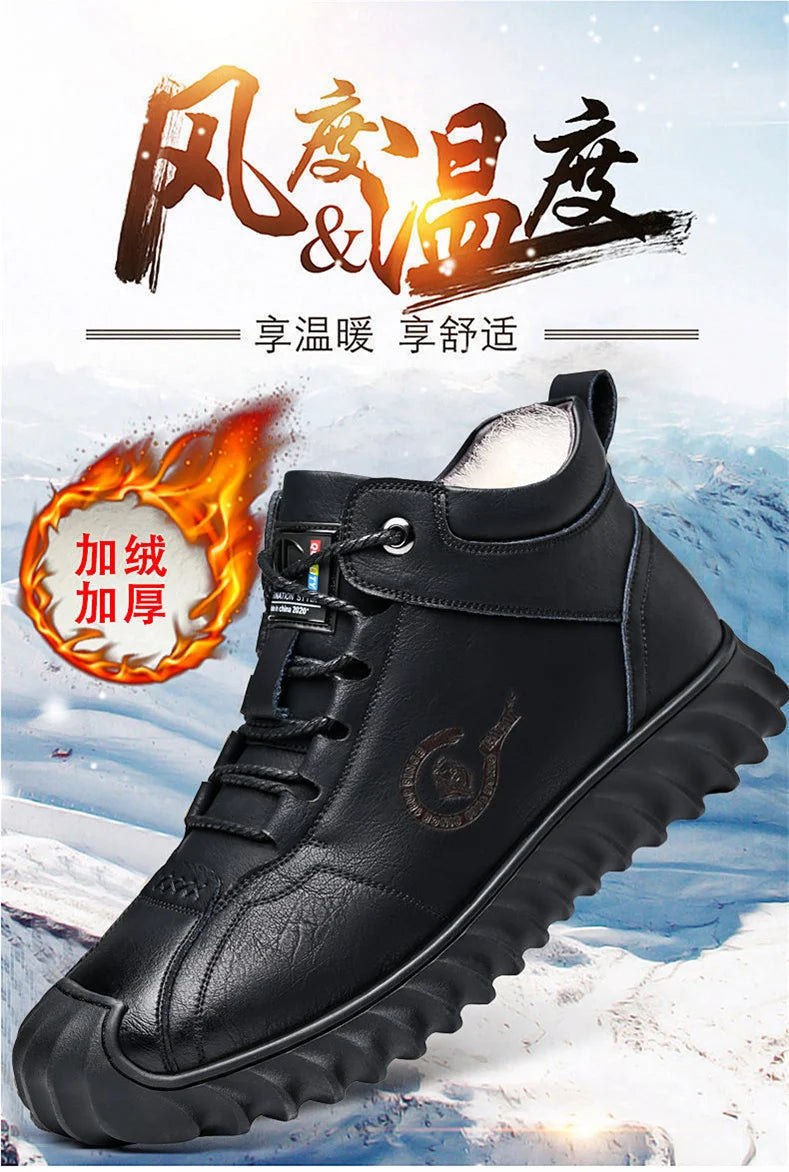 CINESSD New Warm Winter Velvet Men's Snow Boots Non-slip Men's Leather Boots Thick Bottom Dad Shoes