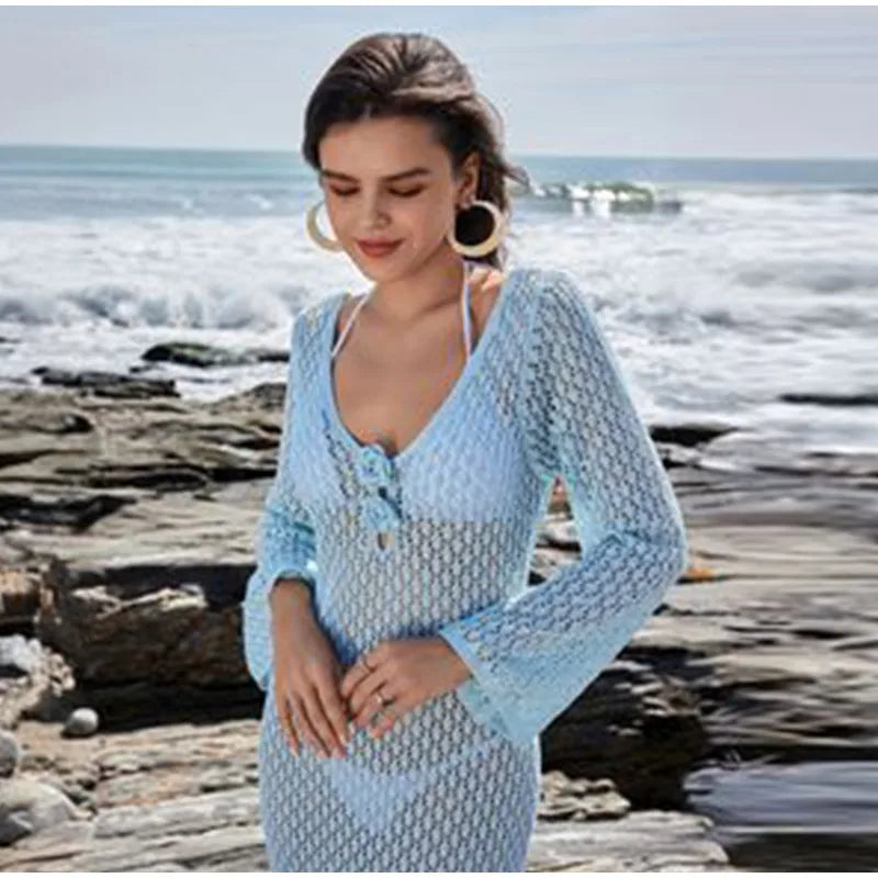 Sexy Hollow Out Knitted Dress Women Metal Ring Long Flare Sleeve Split Solid Maxi Dress Female 2025 V-neck Slim Lady Party Robes