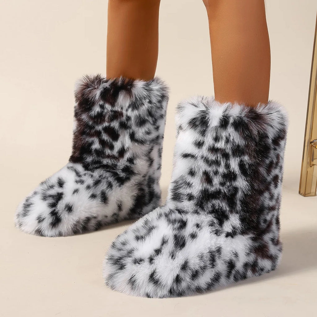 Womens Leopard Print Mid-Calf Fuzzy Faux Fur Boots - Soft, Warm, and Comfortable Slip-on Design with Flat Heel, Round Toe