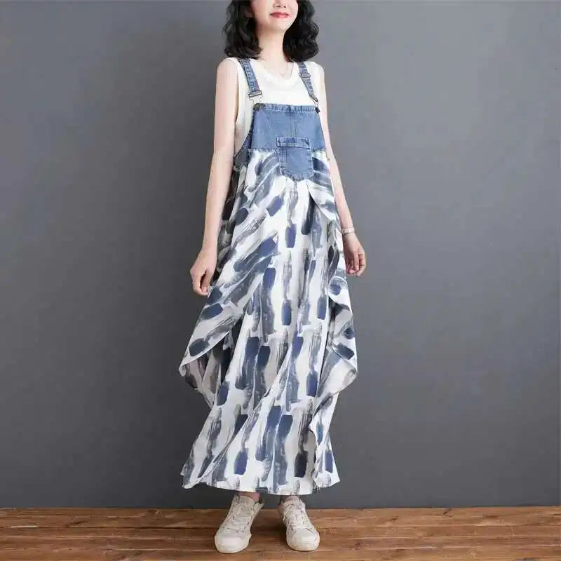 [EWQ] Sweet Women's Denim Dress Patchwork Contrasting Print Design Big Zise Casual Clothing Beautiful Sing Dresses 16O1075