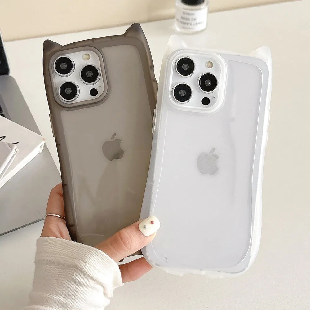 Korea Cute 3D Cat Ear Transparent Phone Case For iPhone 11 12 13 14 15 16 Pro Max Matte Silicone Shockproof Protective Cover