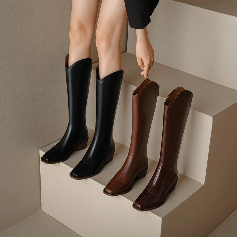 Kaky's New Square Head Cowhide Mid Heel Genuine Leather Cowhide Women's Boots High Sleeve Boots Long Boots Western Boots