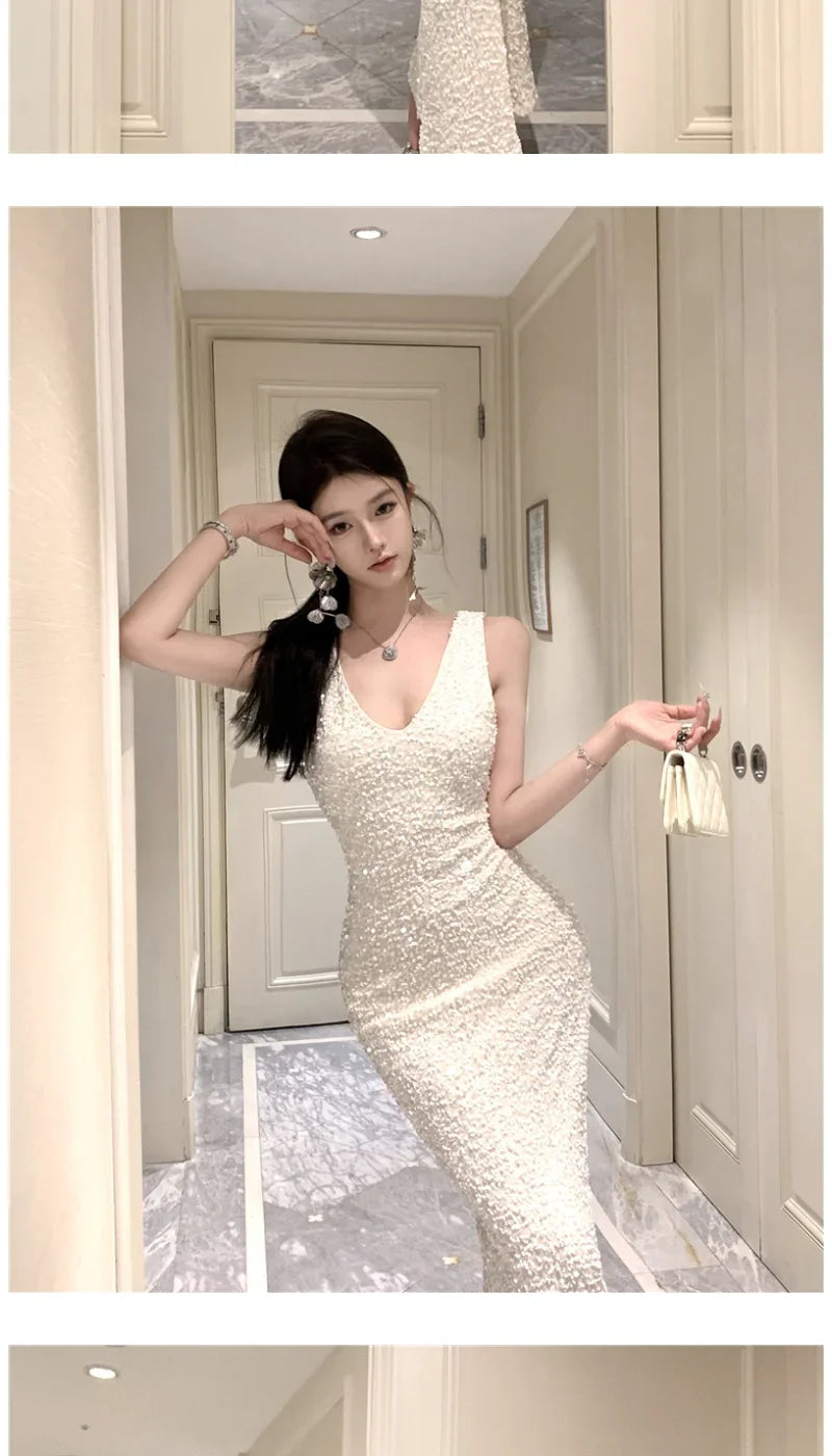 Heavy Industry Sequin V-neck Sling Dress Women's Autumn Slim Dress Temperament Fishtail Hip-wrapped Long Dresses