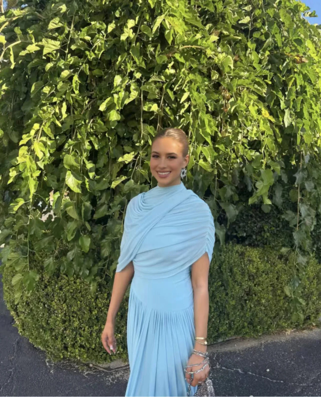 Elegant Shawl Ruched Asymmetrical Maxi Women Dress Summer Light Blue Slim Light Blue Party Dress Female Chic Evening Prom Gowns