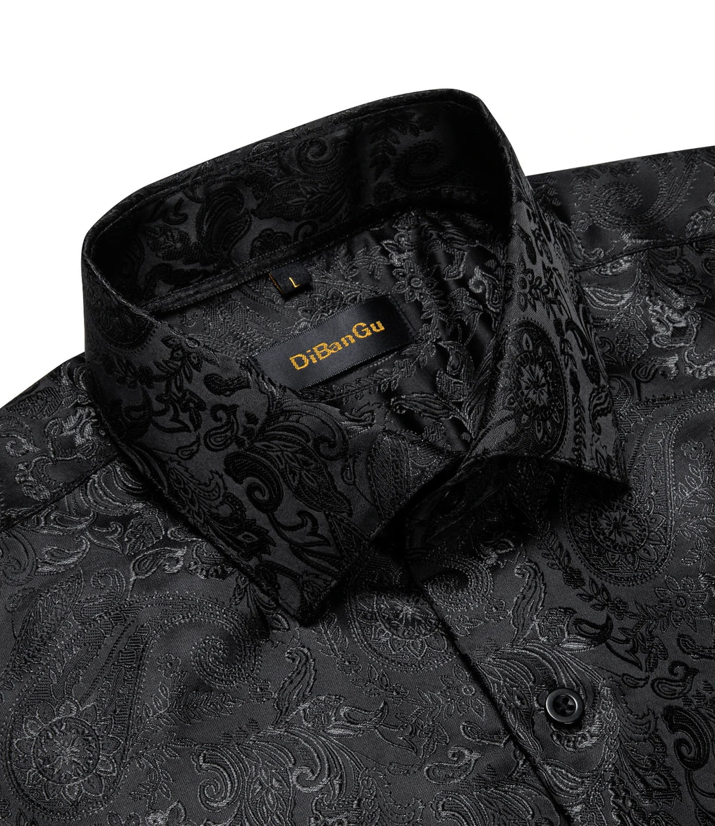 Polyester Dress Shirts for Men Black Solid Paisley Red Silver Long Sleeve Turn Down Collar Prom Social Men's Shirt