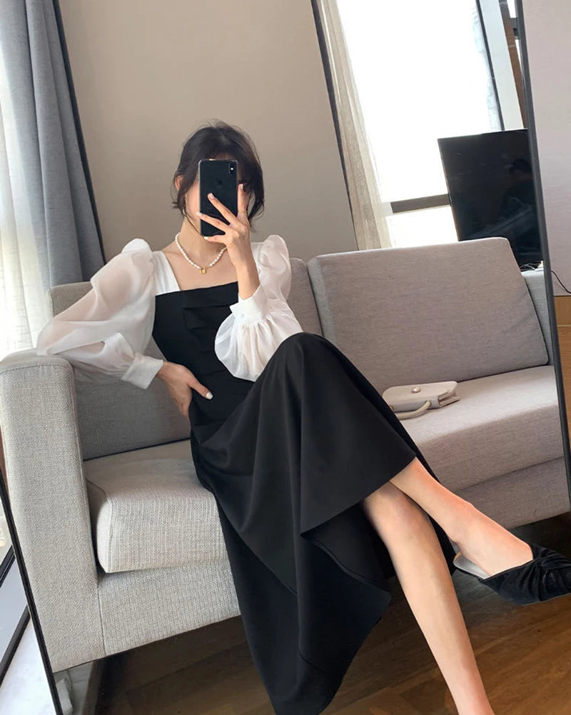 Korean Black Dress Women Elegant Fashion Summer Office Ladies High Waist Dress Chiffon Patchwork Square Collar A Line Vestidos