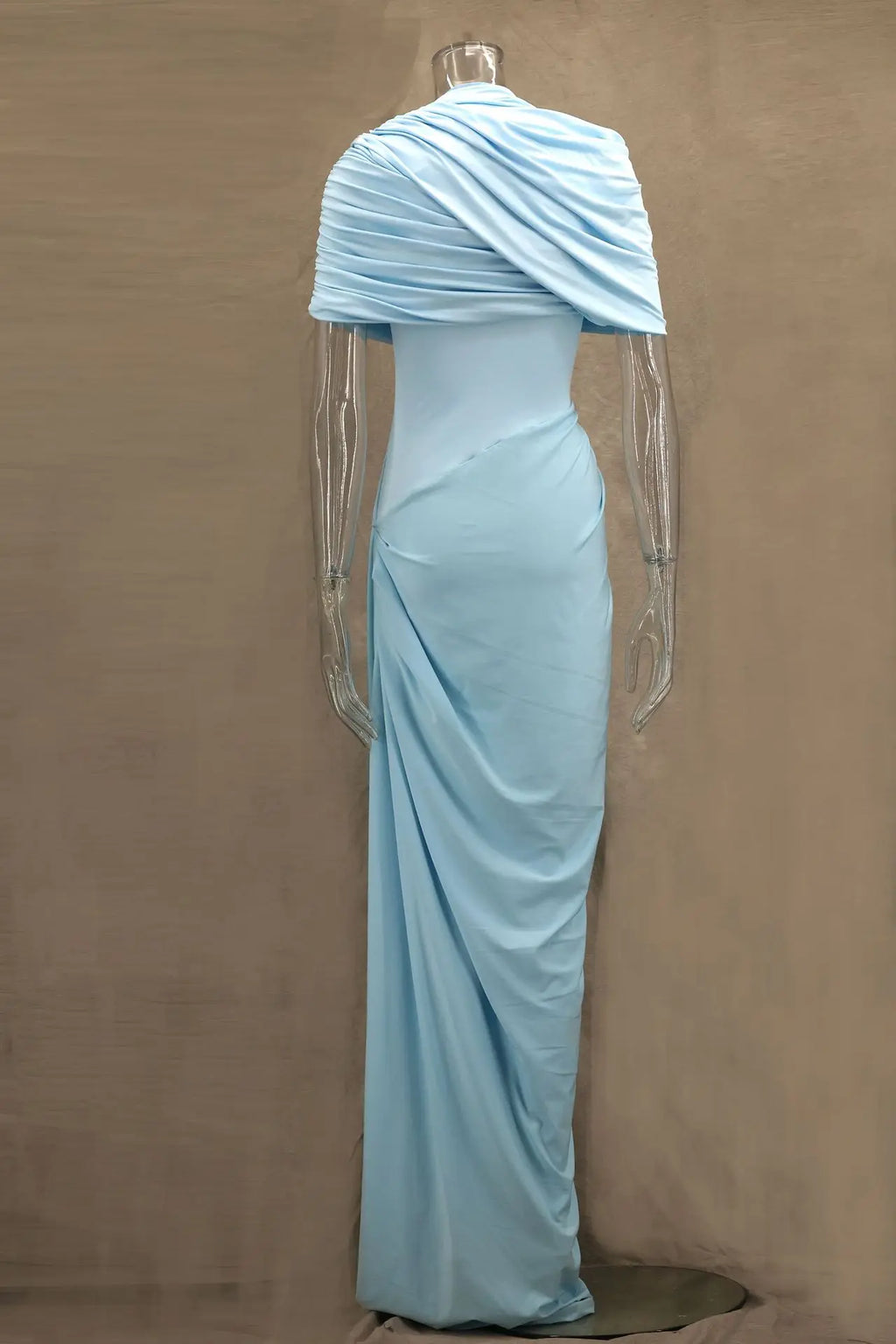 Elegant Shawl Ruched Asymmetrical Maxi Women Dress Summer Light Blue Slim Light Blue Party Dress Female Chic Evening Prom Gowns