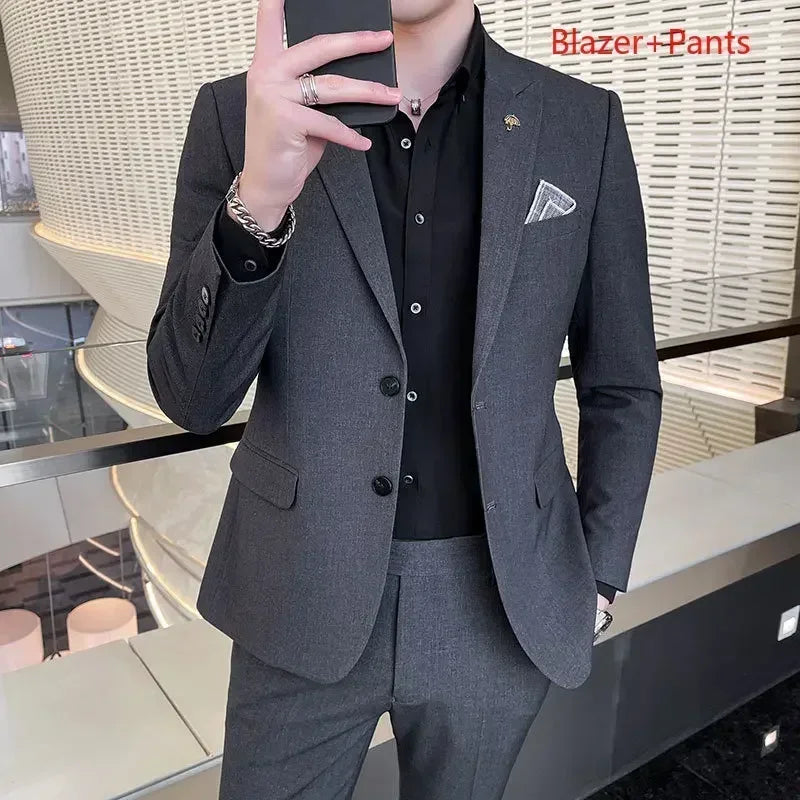( Blazer + Pants ) High End Brand Plaid Men's Casual Formal Office Business Suit Groom Wedding Dress Slim Suit Jacket Trousers