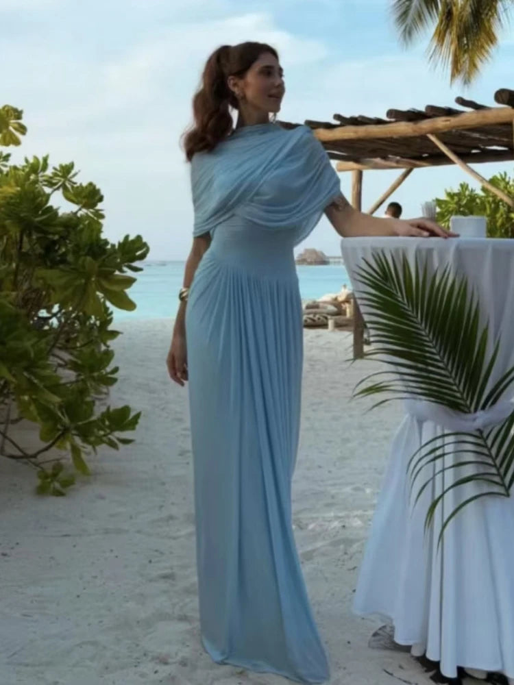 Elegant Shawl Ruched Asymmetrical Maxi Women Dress Summer Light Blue Slim Light Blue Party Dress Female Chic Evening Prom Gowns