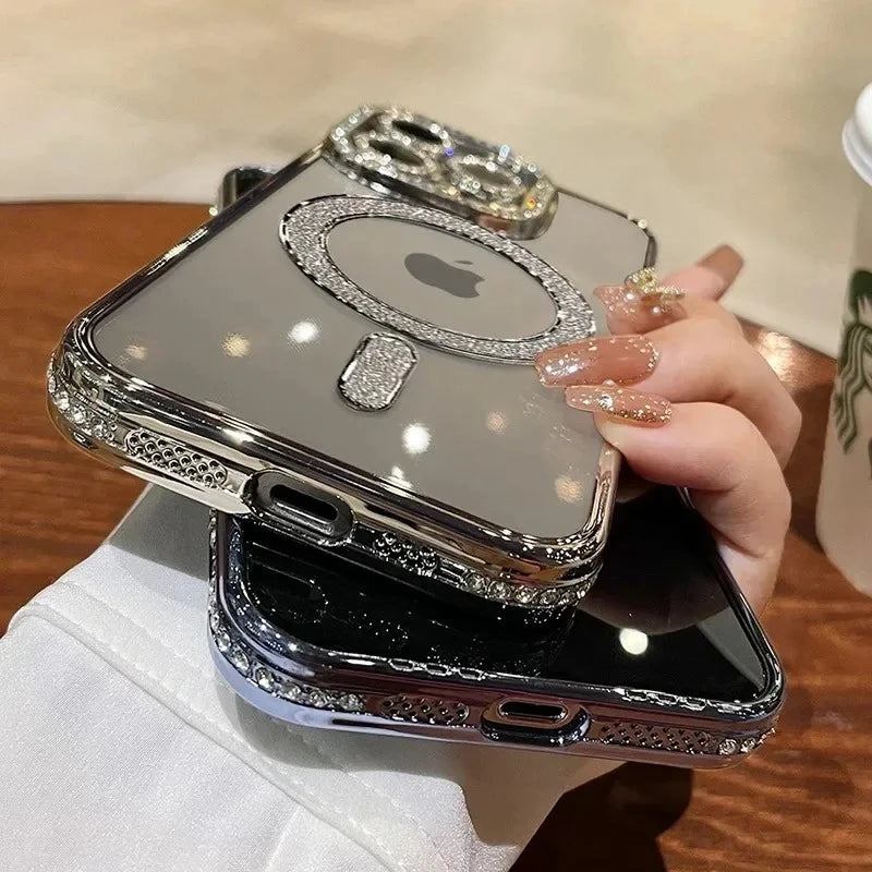 Luxury Glitter Diamond Clear Phone Case For iPhone 15 11 12 13 14 Pro Max Magsafe Magnetic iphone Case Wireless Charging Cover