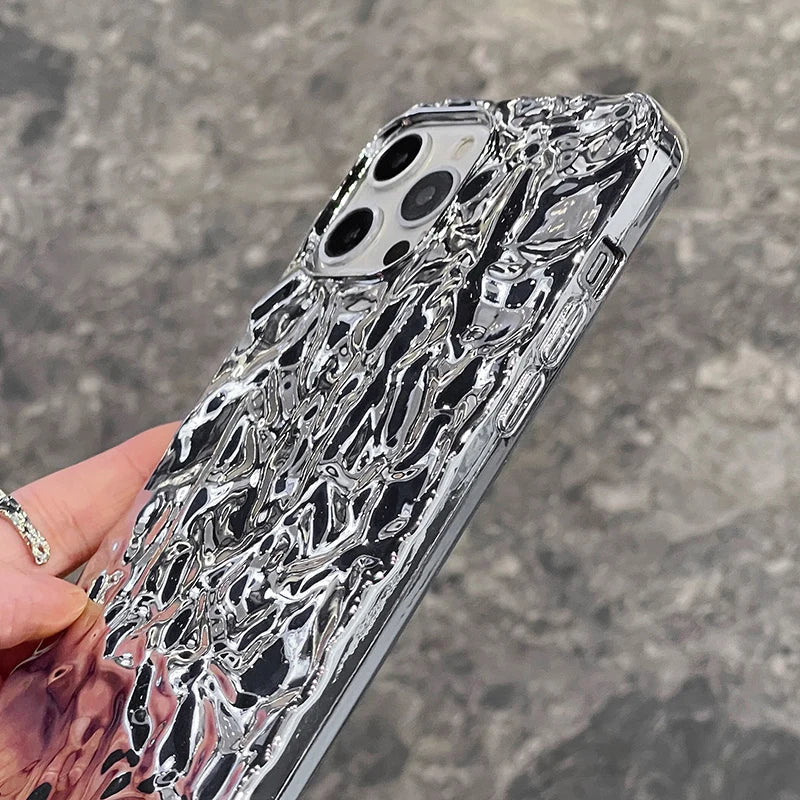 Plating Metal Color Silver Tin Foil Pleats Case For iPhone 14 13 12 11 15 16 17 Pro Max Air Mini XS XR Plus Silicone Phone Case