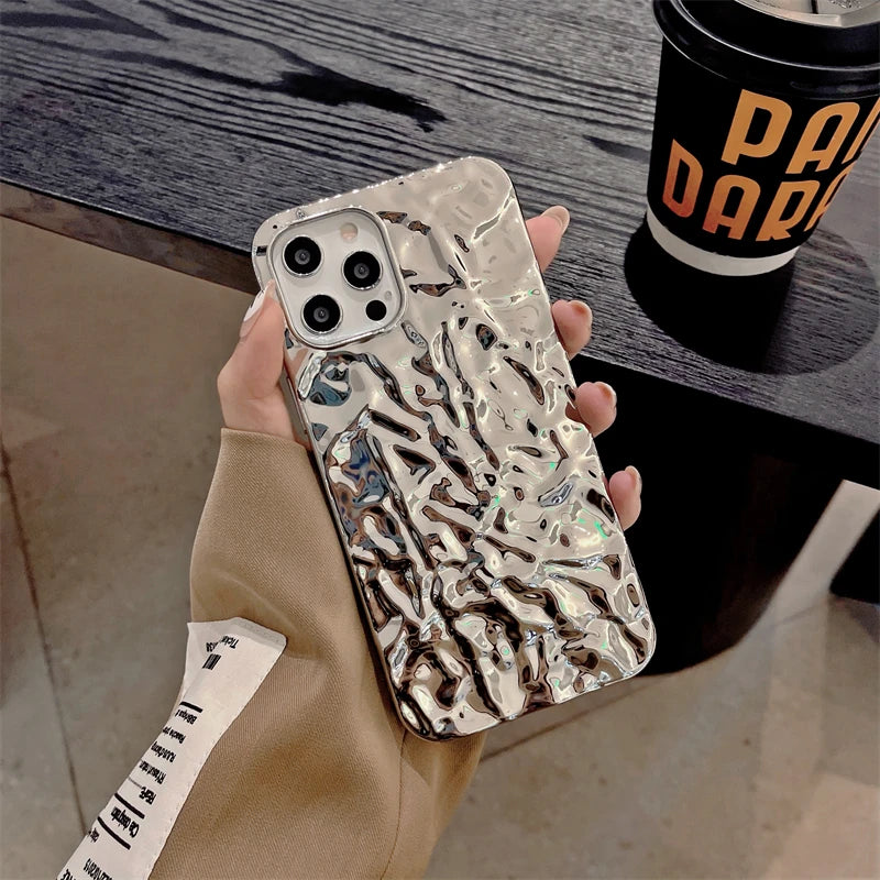 Plating Metal Color Silver Tin Foil Pleats Case For iPhone 14 13 12 11 15 16 17 Pro Max Air Mini XS XR Plus Silicone Phone Case