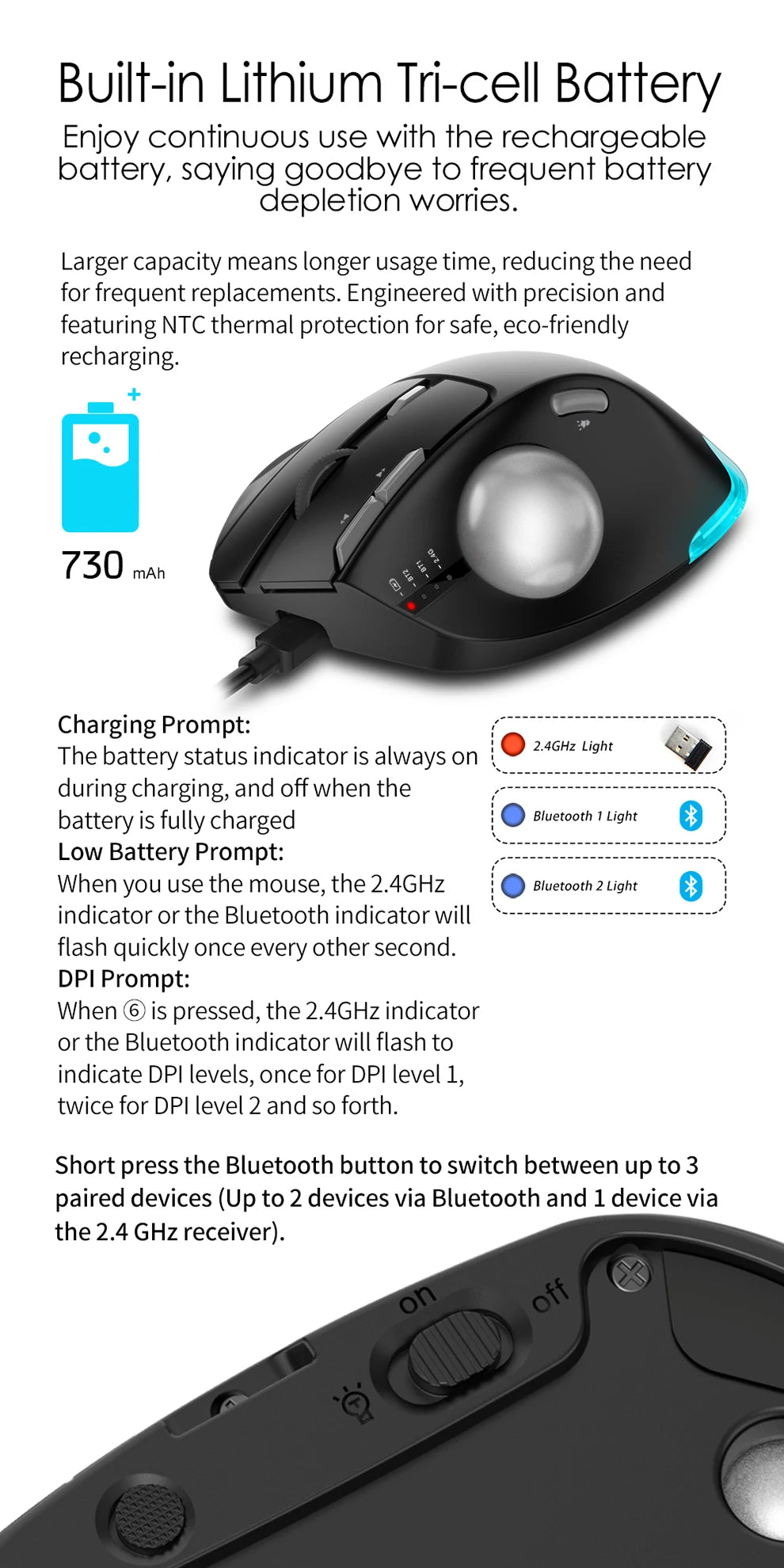Wireless Bluetooth Trackball Mouse 2.4G RGB Ergonomic Rechargeable Rollerball Mice 3 Device Connection Thumb Control for PC iPad