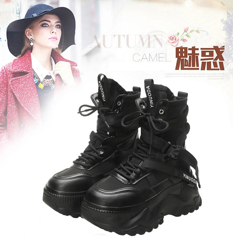 Women Ankle Boots Autumn Leather Chunky Shoes Woman High Platform Breathable Sneakers 8CM Thick Sole Wedges Motorcycles Boots