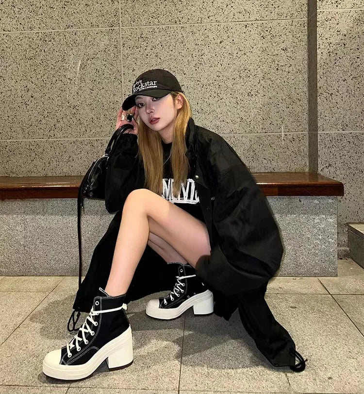 High Top Canvas Shoes Women Thick Platform Sneakers Ladies 7CM Chunk Heels 2024 Designer Street Style Lace-up Casual Shoes Mujer