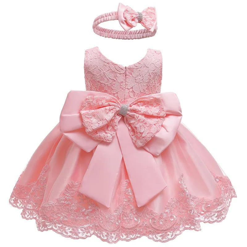 Baby Girls Princess Dress And Hairband 2Pcs Elegant Bow Toddler Girl 1 Years Birthday Party Lace Ball Gown Vestidos Kids Dresses