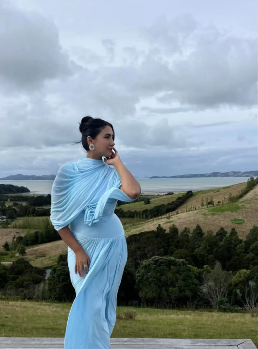 Elegant Shawl Ruched Asymmetrical Maxi Women Dress Summer Light Blue Slim Light Blue Party Dress Female Chic Evening Prom Gowns
