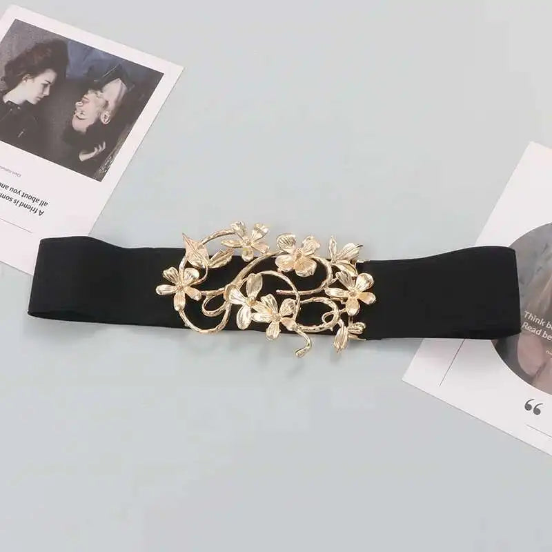 LANMREM Women Temperament Golden Flower Buckle Gold Silver Thread Elastic Waistband Fashionable Matching Skirt Dress 2DB1921