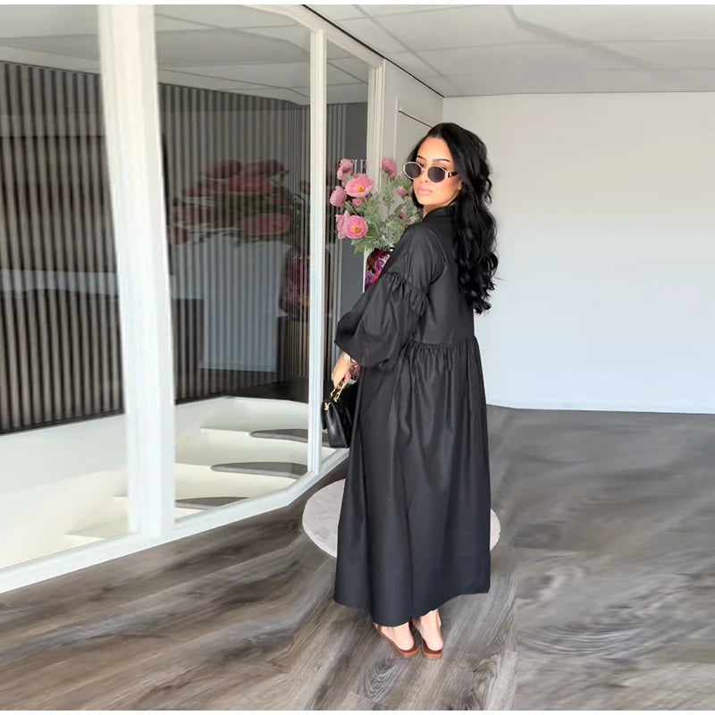 Loose Single Breasted Pleated Long Dress Women Elegant O-neck Lantern Sleeve A-line Party Dresses 2025 Summer Lady Casual Robes