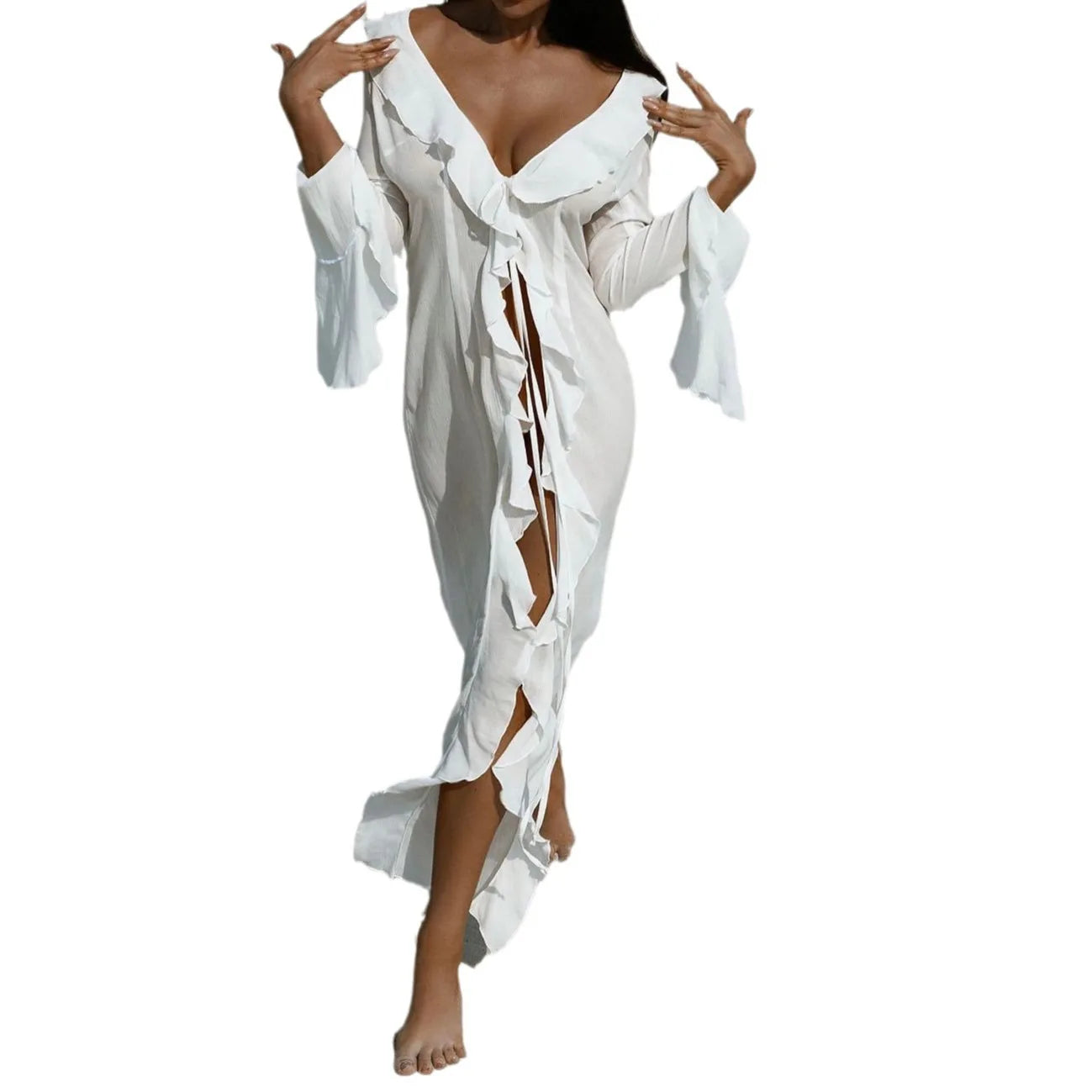 New Sexy V Neck Black White Ruffled Long Sleeve Chiffon Tunic Beach Cover Up Cover-ups Dress Sunscreen Beachwear Womens Clothing