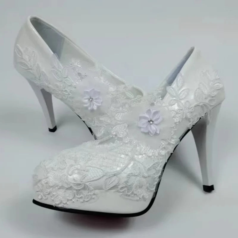 Spring new round-toe waterproof platform lace rhinestone low-heel wedding shoes thin high-heeled dress large-size women's shoes