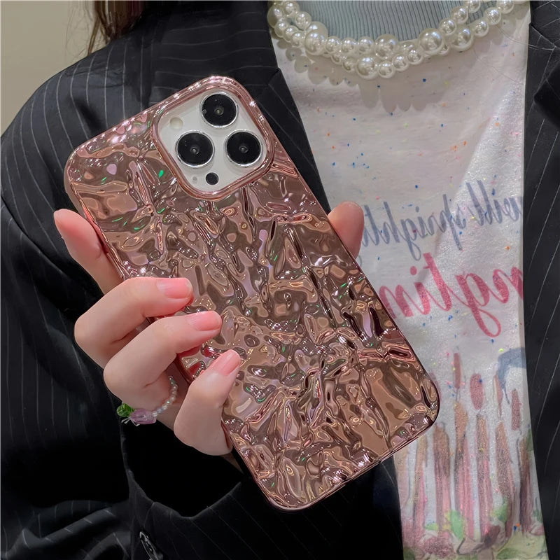 Plating Metal Color Silver Tin Foil Pleats Case For iPhone 14 13 12 11 15 16 17 Pro Max Air Mini XS XR Plus Silicone Phone Case