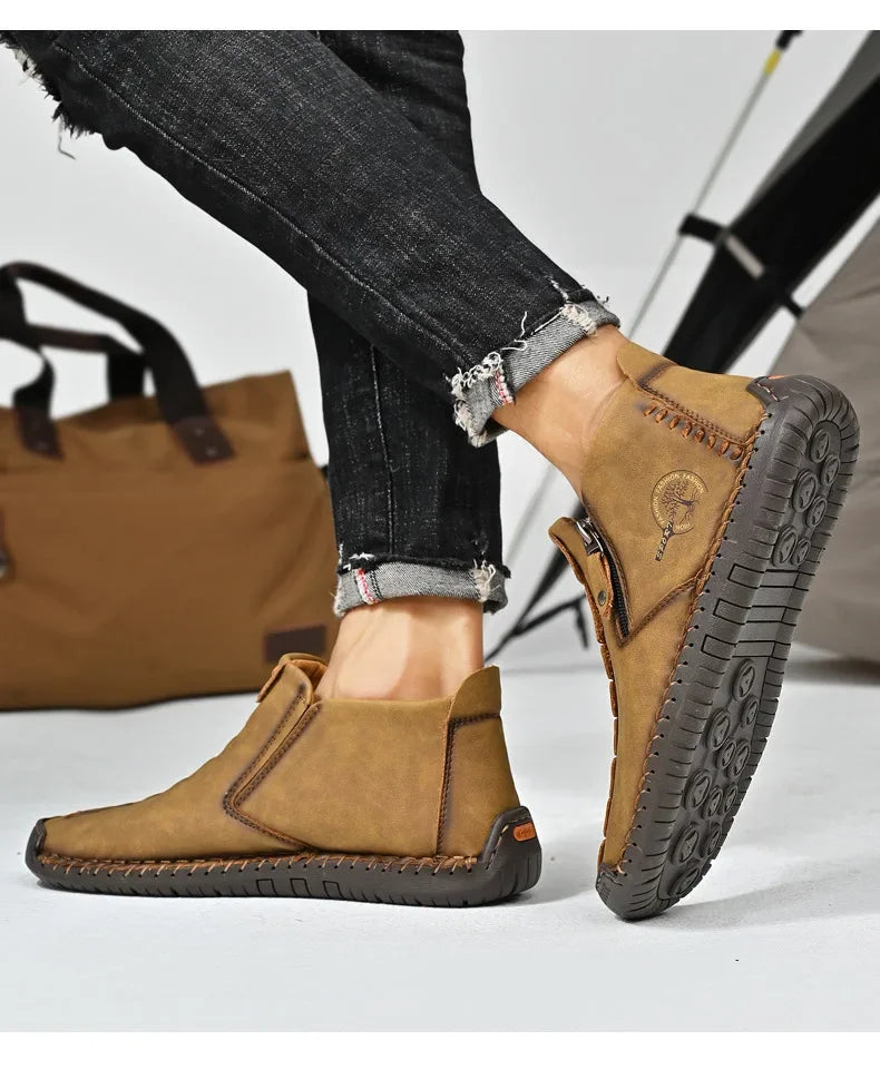 Men Boots Handmade Casual Ankle Boats for Man Male Hombres Walking Shoe Breathable Hombres Leather Wide Upright Zipper Shoes