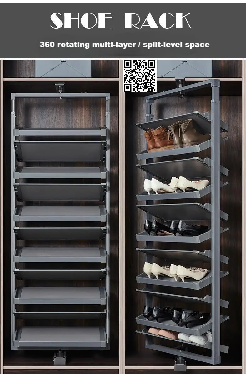 Space Saving 360° Rotating Shoe Rack,  Multi-layer Shoe Holder Storage Organizer, Built-in Height Adjustable Shoe Cabinet Closet