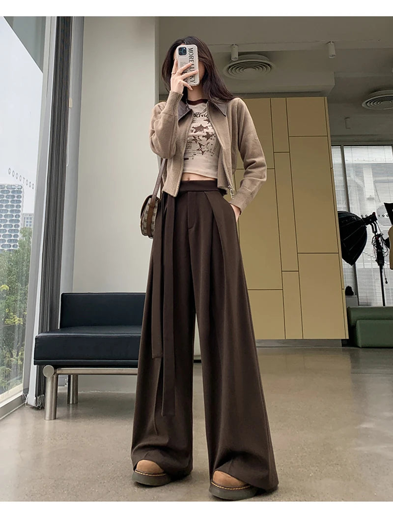 MEXZT Woolen Wide Leg Pants Women Fashion Lace Up Black Baggy Suit Pants Winter Streetwear Korean Casual Straight Trousers New