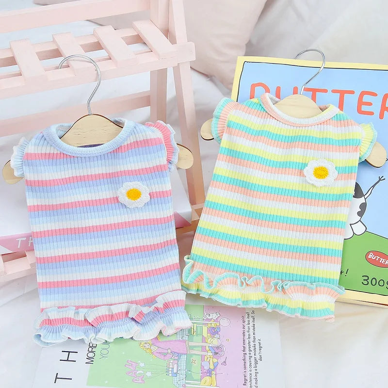 Dog Summer Clothes Pet Dog Vest Dress Dog Knitted Striped Dog T Shirt Chihuahua Bichon Clothing Kitten Puppy Girls Dog Costume