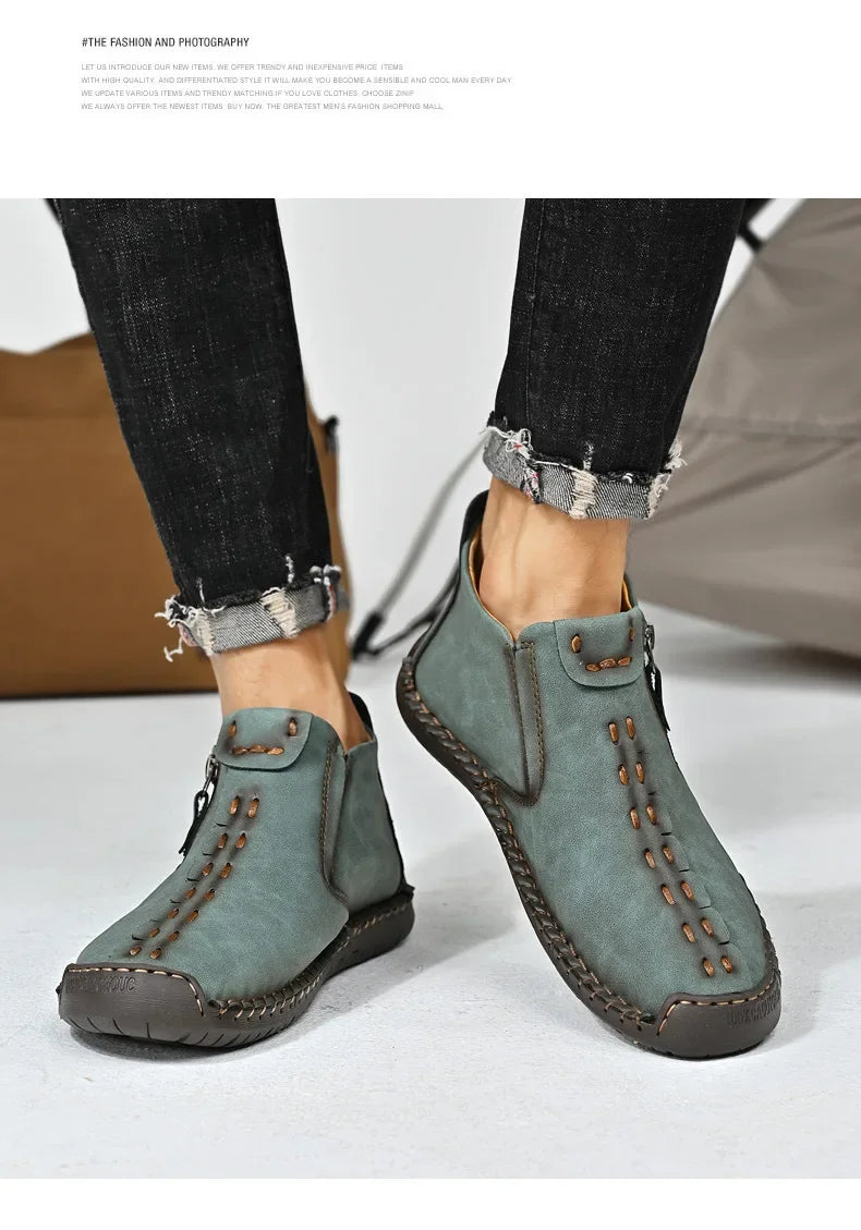Men Boots Handmade Casual Ankle Boats for Man Male Hombres Walking Shoe Breathable Hombres Leather Wide Upright Zipper Shoes