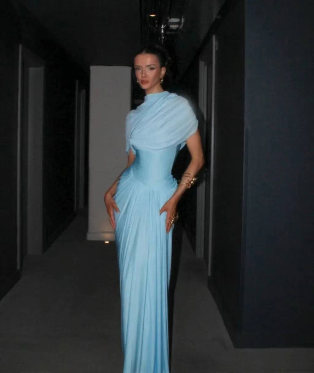 Elegant Shawl Ruched Asymmetrical Maxi Women Dress Summer Light Blue Slim Light Blue Party Dress Female Chic Evening Prom Gowns