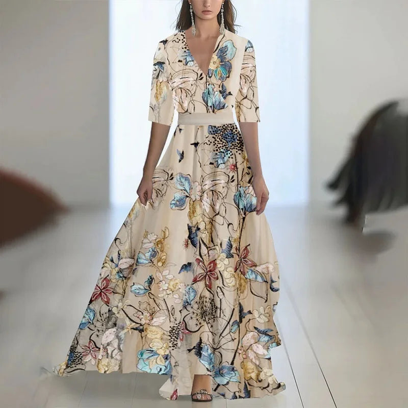 Robes Woman Elegant Floral Print Patchwork Maxi Dress Sexy V Neck High Waist Long Dress Spring Puff Sleeves Loose Bohemian Dress