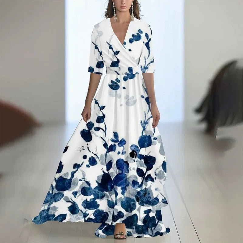 Robes Woman Elegant Floral Print Patchwork Maxi Dress Sexy V Neck High Waist Long Dress Spring Puff Sleeves Loose Bohemian Dress